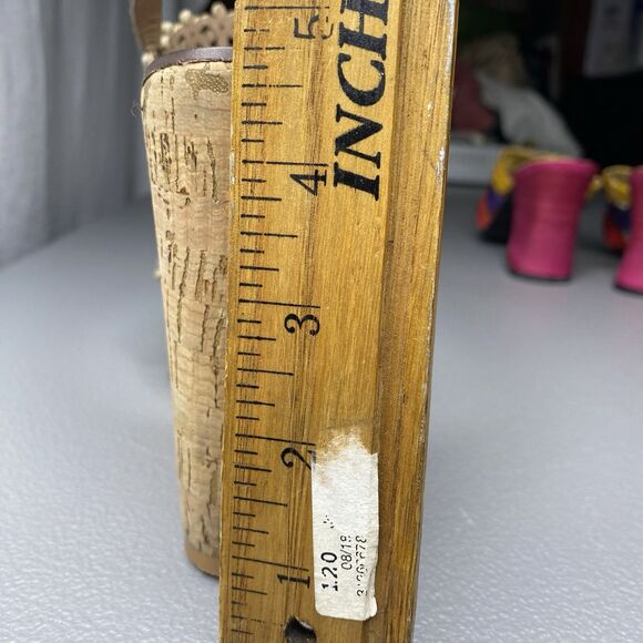 TORY BURCH Sandals Perforated Leather Wedge Platform Cork Heel Womens 6 Gold - Picture 8 of 9